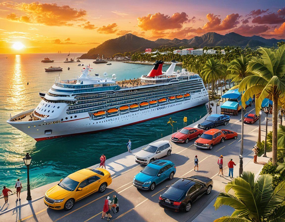 A serene, panoramic view of a bustling cruise port, with colorful cruise ships docked. In the foreground, a family joyfully loading luggage into their vehicle, showcasing the 'Park and Sail' concept. The background features palm trees and a vibrant sunset, symbolizing adventure. Include travel essentials like suitcases, beach hats, and a map. super-realistic. vibrant colors. 3D.