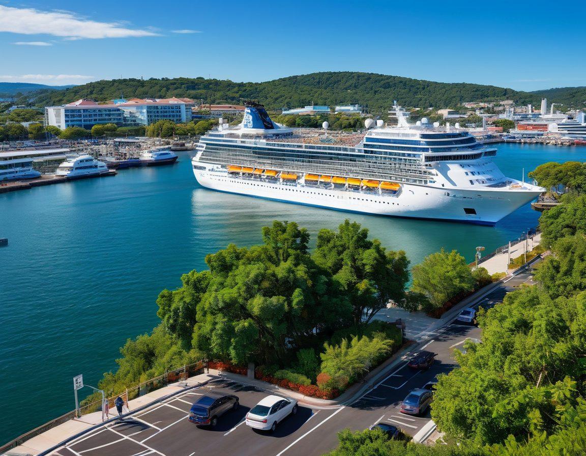 A serene harbor scene showcasing a majestic cruise ship docked, with a well-organized cruise ship parking lot in the foreground. Include travelers arriving with luggage, friendly staff assisting them, and vibrant greenery all around. Emphasize a clear blue sky and calming waters to evoke a sense of stress-free travel. super-realistic. vibrant colors. 3D.